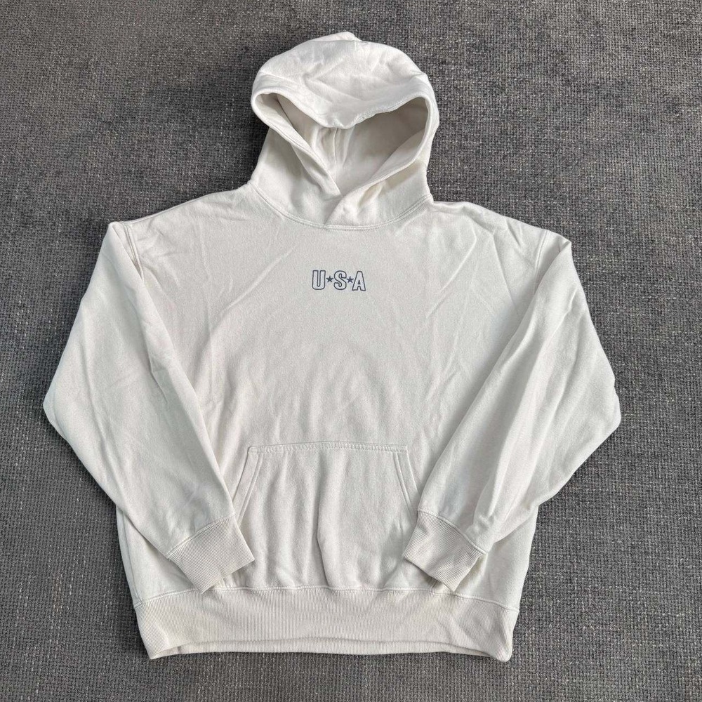 Hollister USA Graphic Hoodie Women XS Cream Oversized Y2K Pullover Sweatshirt